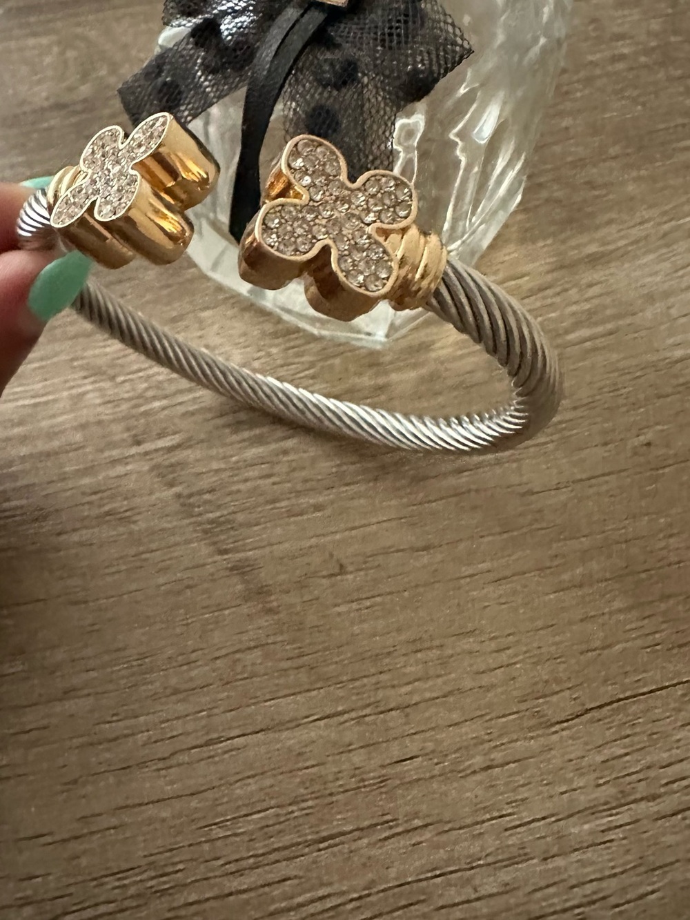 Gold & Silver Paved Clover Cable Cuff Bracelet